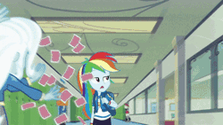 Size: 444x250 | Tagged: safe, derpibooru import, screencap, rainbow dash, snails, snips, trixie, watermelody, equestria girls, equestria girls series, run to break free, spoiler:eqg series (season 2), animated, backpack, beautiful, clothes, cute, dashabetes, female, geode of super speed, gif, looking at you, magical geodes, male, open mouth, singing, slow motion, talking, walking, wristband