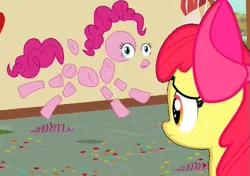 Size: 615x432 | Tagged: safe, derpibooru import, edit, edited screencap, screencap, apple bloom, pinkie pie, earth pony, pony, the one where pinkie pie knows, bow, concerned, frown, modular, pinkie pieces, sad, sugarcube corner, wide eyes