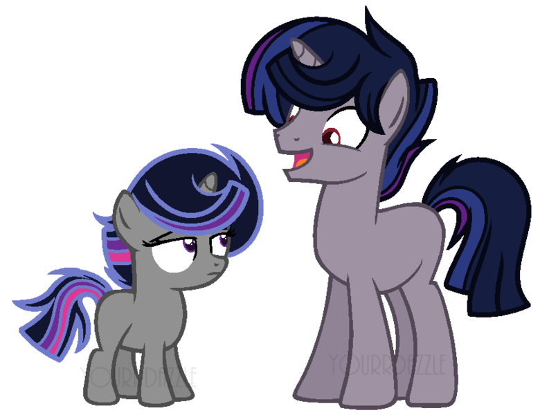 Size: 871x659 | Tagged: safe, artist:yourrdazzle, derpibooru import, oc, oc:crescent moon, oc:midnight shade, unofficial characters only, pony, unicorn, base used, female, filly, male, offspring, parent:king sombra, parent:twilight sparkle, parents:twibra, siblings, stallion