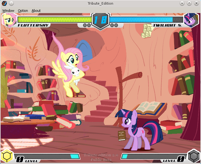 Size: 644x526 | Tagged: safe, derpibooru import, fluttershy, twilight sparkle, pony, unicorn, fighting is magic, female, game, golden oaks library, linux, mare, tribute edition