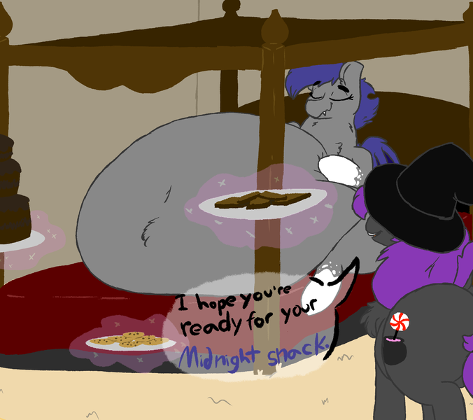 Size: 1532x1360 | Tagged: questionable, artist:somefrigginnerd, derpibooru import, oc, oc:midnight blossom, oc:spellbound, unofficial characters only, bat pony, unicorn, bat pony oc, bat wings, bed, belly, belly bed, belly button, big belly, brownies, cake, cookie, fanfic art, fat, food, hat, horn, huge belly, impossibly large belly, large belly, obese, stuffed, stuffing, unicorn oc, weight gain, wings, witch, witch hat