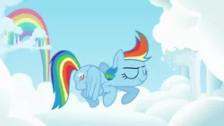 Size: 1920x1080 | Tagged: safe, derpibooru import, screencap, rainbow dash, pegasus, pony, cloud, cloudsdale, cloudy, cutie mark, female, flying, great moments in animation, intro, mare, mid-blink screencap, opening, opening theme, rainbow, sky, smear frame, solo, theme song