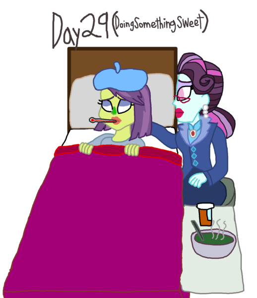 Size: 1500x1736 | Tagged: safe, artist:ktd1993, derpibooru import, principal abacus cinch, victoria, equestria girls, bed, cinchtoria, female, lesbian, on bed, shipping, sick