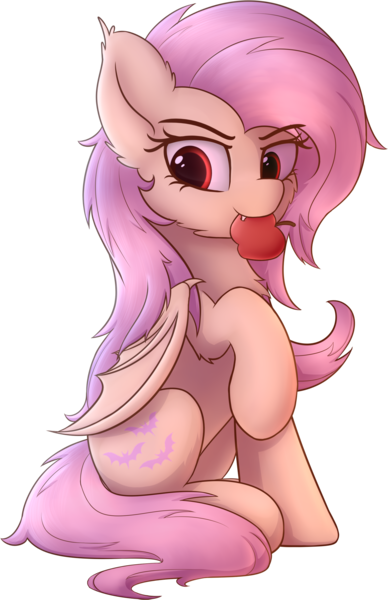 Size: 1577x2440 | Tagged: safe, artist:av-4, artist:avastin4, derpibooru import, fluttershy, bat pony, pony, apple, bat ponified, cheek fluff, chest fluff, cute, fangs, female, flutterbat, food, mare, mouth hold, race swap, shyabates, shyabetes, simple background, sitting, solo, transparent background