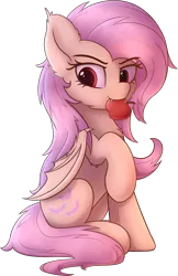 Size: 1577x2440 | Tagged: safe, artist:av-4, artist:avastin4, derpibooru import, fluttershy, bat pony, pony, apple, bat ponified, cheek fluff, chest fluff, cute, fangs, female, flutterbat, food, mare, mouth hold, race swap, shyabates, shyabetes, simple background, sitting, solo, transparent background