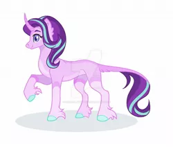 Size: 1280x1083 | Tagged: safe, artist:aurora-light-x, derpibooru import, starlight glimmer, classical unicorn, pony, unicorn, cloven hooves, colored hooves, curved horn, deviantart watermark, female, horn, leonine tail, mare, missing cutie mark, obtrusive watermark, simple background, solo, unshorn fetlocks, watermark, white background