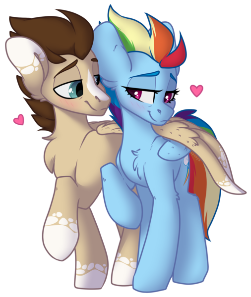 Size: 1625x1925 | Tagged: safe, artist:spoopygander, derpibooru import, rainbow dash, oc, oc:skittle, pegasus, pony, alternate hairstyle, blaze (coat marking), blushing, canon x oc, chest fluff, cute, cutie mark, ear fluff, eye contact, eyebrows, eyelashes, female, heart, hug, looking at each other, male, mare, markings, multicolored hair, older, older rainbow dash, outline, raised hoof, shipping, simple background, skidash, smiling, stallion, straight, transparent background, wing markings, winghug