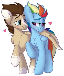 Size: 1625x1925 | Tagged: safe, artist:spoopygander, derpibooru import, rainbow dash, oc, oc:skittle, pegasus, pony, alternate hairstyle, blaze (coat marking), blushing, canon x oc, chest fluff, cute, cutie mark, ear fluff, eye contact, eyebrows, eyelashes, female, heart, hug, looking at each other, male, mare, markings, multicolored hair, older, older rainbow dash, outline, raised hoof, shipping, simple background, skidash, smiling, stallion, straight, transparent background, wing markings, winghug