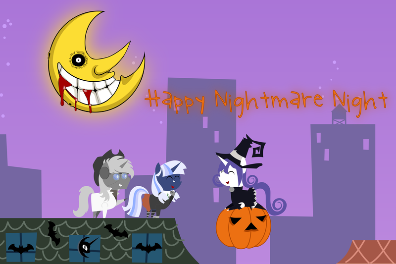 Size: 6000x4000 | Tagged: safe, artist:steampunk-brony, derpibooru import, rarity, oc, oc:silverlay, oc:steamy, bat, pony, unicorn, blair, blairity, city, clothes, cosplay, costume, cute, eyes closed, female, franken stein, halloween, holiday, maka albarn, mare, moon, night, nightmare night, pumpkin, raribetes, roof, silvabetes, soul eater, soul eater moon, soul eater moon and sun, text