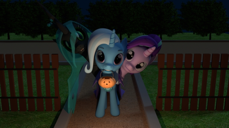 Size: 3840x2160 | Tagged: 3d, artist:jansen-jack, derpibooru import, halloween, holiday, nightmare night, queen chrysalis, safe, starlight glimmer, trixie