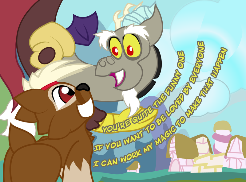 Size: 1550x1149 | Tagged: artist:playfingers, deer, derpibooru import, discord, draconequus, duo, grin, looking up, male, non-mlp oc, oc, oc:dell, safe, smiling, speech, talking