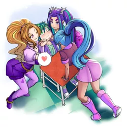 Size: 2060x2060 | Tagged: safe, artist:0ryomamikado0, derpibooru import, adagio dazzle, aria blaze, sonata dusk, spike, human, equestria girls, adagiospike, and then spike was a man, anime, ara ara, ariaspike, bedroom eyes, blushing, boots, clothes, converse, female, heart, human coloration, humanized, leggings, legs, lucky bastard, male, miniskirt, pictogram, pigtails, ponytail, shipping, shoes, skirt, socks, spike gets all the sirens, spinata, straight