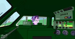 Size: 2732x1436 | Tagged: safe, artist:dianetgx, derpibooru import, starlight glimmer, pony, buttons, cabin, engineer, female, glimmy, lever, locomotive, looking at you, mare, mechanical, meme, panel, train, vehicle, window