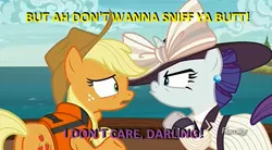 Size: 1269x703 | Tagged: suggestive, derpibooru import, edit, edited screencap, screencap, applejack, rarity, earth pony, pony, unicorn, ppov, butt sniffing, caption, clothes, darling, dialogue, discovery family logo, duo, female, giant hat, hat, image macro, lesbian, movie reference, pouting, rarijack, raristocrat, rose dewitt bukater, shipping, text, titanic