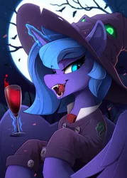 Size: 1640x2290 | Tagged: semi-grimdark, artist:yakovlev-vad, derpibooru import, princess luna, alicorn, pony, vampire, blood, clothes, costume, fangs, female, full moon, glass, glowing horn, halloween, halloween costume, harry potter, hat, holiday, horn, licking, licking lips, looking at you, magic, mare, moon, night, nightmare night, open mouth, robe, s1 luna, slytherin, solo, telekinesis, tongue out, wine glass, witch, witch hat