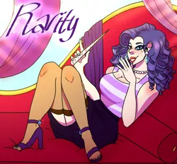 Size: 2800x2600 | Tagged: alternate hairstyle, artist:bubblesthealicorn, beauty mark, breasts, busty rarity, cleavage, clothes, couch, derpibooru import, ear piercing, earring, eyeshadow, fainting couch, female, high heels, horn wand, human, humanized, jewelry, lipstick, magic wand, makeup, miniskirt, nail polish, necklace, piercing, rarity, red lipstick, safe, shirt, shoes, skirt, sleeveless, socks, solo, stockings, thigh highs