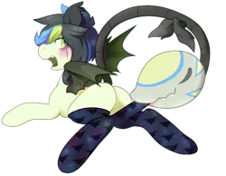 Size: 1285x995 | Tagged: safe, artist:pomrawr, derpibooru import, oc, bat pony, hybrid, monster pony, original species, piranha plant pony, plant pony, pony, augmented tail, bat pony oc, bat wings, blushing, clothes, commission, eye clipping through hair, eye scar, looking back, lying down, plant, scar, simple background, socks, solo, stockings, tail mouth, thigh highs, transparent background, wings, ych result