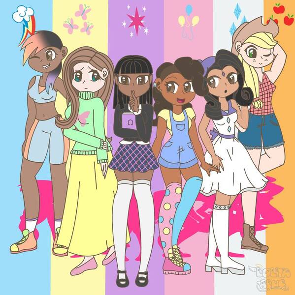 Size: 893x895 | Tagged: safe, artist:lolitablue, derpibooru import, applejack, fluttershy, pinkie pie, rainbow dash, rarity, twilight sparkle, human, alternate hairstyle, applejack's hat, belly button, book, boots, clothes, converse, cowboy hat, cute, dark skin, dashabetes, denim shorts, diapinkes, diversity, dress, ear piercing, earring, female, flannel, flats, freckles, grin, hat, high heel boots, humanized, jackabetes, jewelry, long skirt, mane six, mary janes, midriff, miniskirt, mismatched socks, natural hair color, one eye closed, open mouth, overalls, piercing, plaid skirt, pleated skirt, raribetes, shirt, shoes, shorts, shyabetes, skirt, sleeveless, smiling, socks, sports bra, sports shorts, stockings, sweater, sweatershy, t-shirt, thigh highs, twiabetes, wall of tags, wink, zettai ryouiki