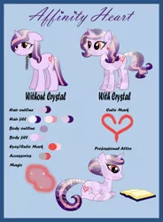 Size: 859x1170 | Tagged: safe, artist:littlejurnalina, derpibooru import, oc, oc:affinity heart, unofficial characters only, crystal pony, pony, unicorn, book, chains, collar, female, horn, leash, mare, prone, reading, reference sheet, slave, story included, unicorn oc