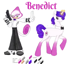 Size: 1024x907 | Tagged: safe, artist:spqr21, derpibooru import, oc, oc:benedict, chameleon, pony, unicorn, bowtie, bracelet, clothes, crossover, glowing horn, gun, horn, interspecies offspring, male, offspring, parent:espio the chameleon, parent:rarity, reference sheet, sonic the hedgehog (series), spiked wristband, stallion, story included, weapon, wristband