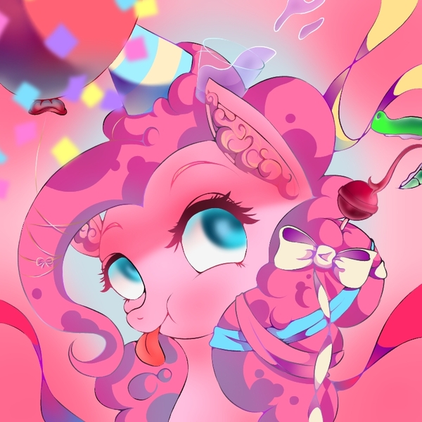 Size: 768x768 | Tagged: safe, artist:cornet, derpibooru import, gummy, pinkie pie, pony, balloon, bow, bust, candy, confetti, cute, diapinkes, ear fluff, food, hair bow, hat, lollipop, party hat, pixiv, portrait, punch (drink), punch bowl, solo, streamers, tongue out