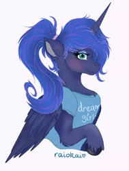 Size: 2344x3096 | Tagged: safe, alternate version, artist:raiokai, derpibooru import, princess luna, alicorn, pony, alternate hairstyle, blushing, bust, chest fluff, clothes, cute, dream girl, ear fluff, female, high res, leg fluff, literal, lunabetes, magic shirt, mare, ponytail, pun, shirt, simple background, solo, t-shirt, unshorn fetlocks, white background