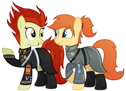 Size: 5800x4200 | Tagged: safe, artist:a4r91n, derpibooru import, oc, oc:home sweet, oc:para focului, unofficial characters only, earth pony, pony, boots, clothes, cute, freckles, looking at each other, medal, military uniform, ponytail, raised hoof, shoes, simple background, skirt, transparent background, uniform, vector