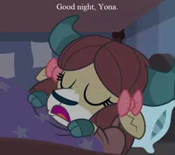 Size: 576x512 | Tagged: 2 4 6 greaaat, bed, bow, cloven hooves, cropped, cute, derpibooru import, edit, edited screencap, female, hair bow, monkey swings, pillow, safe, school of friendship, screencap, sleeping, text, yak, yona, yonadorable
