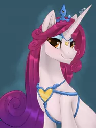 Size: 1536x2048 | Tagged: safe, artist:siripim111, derpibooru import, idw, princess amore, pony, unicorn, crown, cute, eyeshadow, female, horn, idw showified, jewelry, long horn, long mane, makeup, mare, regalia, smiling, solo