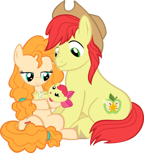 Size: 8488x9000 | Tagged: safe, artist:mrkat7214, derpibooru import, apple bloom, bright mac, pear butter, earth pony, pony, absurd resolution, adorabloom, apple bloom's bow, baby, baby apple bloom, baby pony, bow, brightabetes, cowboy hat, cute, daaaaaaaaaaaw, diaper, father and child, father and daughter, female, foal, hair bow, hat, holding a pony, husband and wife, male, mare, mother and child, mother and daughter, pearabetes, simple background, stallion, transparent background, trio, vector, younger