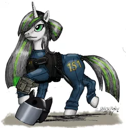 Size: 2415x2457 | Tagged: safe, artist:edhelistar, derpibooru import, oc, oc:platinum law, unofficial characters only, pony, unicorn, fallout equestria, fallout equestria: dark shroud, baton, bulletproof vest, clothes, commission, dock, emerald eyes, fanfic art, female, gray mane, green mane, kanji, mare, mixed media, pipboy, pipbuck, police baton, riot gear, signature, simple background, solo, stable jumpsuit, stable-tec, tengwar, vault security armor, vault suit, white background, white coat