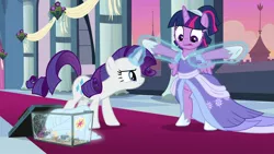 Size: 1920x1080 | Tagged: safe, derpibooru import, screencap, rarity, twilight sparkle, twilight sparkle (alicorn), alicorn, pony, spider, unicorn, the last problem, clothes, coronation dress, dress, glowing horn, horn, magic, second coronation dress, telekinesis