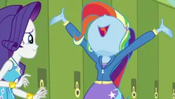 Size: 1920x1080 | Tagged: safe, derpibooru import, screencap, rarity, trixie, best trends forever, equestria girls, equestria girls series, best trends forever: rainbow dash, bracelet, canterlot high, clothes, duo, duo female, female, geode of shielding, hallway, hoodie, jewelry, lockers, magical geodes, nose in the air, open mouth, rainbow wig, wig