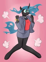 Size: 2250x3000 | Tagged: anthro, artist:maximussolini, blushing, businessalis, business suit, changeling, changeling queen, clothes, cute, cutealis, derpibooru import, female, legs, miniskirt, poof, queen chrysalis, safe, skirt, solo, suit, surprised, unguligrade anthro