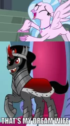 Size: 700x1248 | Tagged: safe, derpibooru import, edit, edited screencap, screencap, king sombra, silverstream, hippogriff, pony, umbrum, school daze, the beginning of the end, caption, eyes closed, fangs, female, image macro, king sombra does love stairs, male, meme, open mouth, raised hoof, shipping, sombrastream, stairs, straight, text, that hippogriff sure does love stairs, that pony sure does love stairs, that's my x