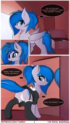 Size: 2052x3583 | Tagged: suggestive, artist:twiren, derpibooru import, oc, oc:rennie, unofficial characters only, pegasus, pony, comic:the royal business, clothes, comic, female, garters, maid, mare, panties, ponytail, skirt, skirt lift, socks, solo, solo female, stockings, thigh highs, underwear, upskirt, white underwear