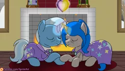 Size: 1920x1080 | Tagged: safe, artist:spritepony, derpibooru import, trixie, oc, oc:sprite, alicorn, pony, unicorn, the last problem, alicorn oc, canon x oc, cape, clothes, cuddling, eyes closed, fire, fire of friendship, fireplace, holding hooves, horn, magic, older, shipping, smiling, snow, snowfall, trixie's cape, wings