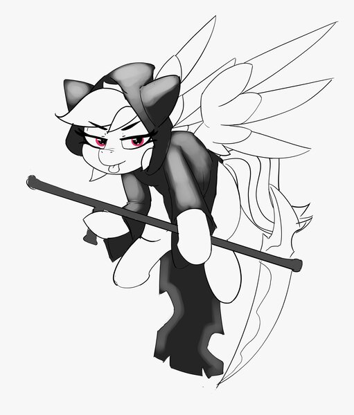 Size: 3297x3868 | Tagged: safe, artist:pabbley, derpibooru import, rainbow dash, pegasus, pony, female, grim reaper, lidded eyes, looking at you, mare, monochrome, neo noir, partial color, scythe, simple background, solo, spread wings, tongue out, white background, wings