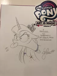 Size: 768x1024 | Tagged: safe, artist:andypriceart, derpibooru import, idw, princess luna, alicorn, pony, spoiler:comic, andy you magnificent bastard, crown, female, jewelry, majestic as fuck, mare, raspberry, regalia, silly, silly pony, solo, tongue out, traditional art