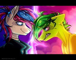 Size: 3508x2786 | Tagged: safe, artist:goddamncat, derpibooru import, oc, oc:evergreen feathersong, oc:oculus rift, pony, angry, clothes, confrontation, green, hoodie, jewelry, lightning, necklace, piercing, sassy