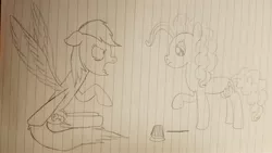 Size: 4032x2268 | Tagged: safe, artist:rainbow dash is best pony, derpibooru import, pinkie pie, rainbow dash, earth pony, pegasus, pony, fanfic:rocket to insanity, bags under eyes, cupcake, fanfic art, food, lined paper, pencil drawing, platter, spread wings, traditional art, tray, wings