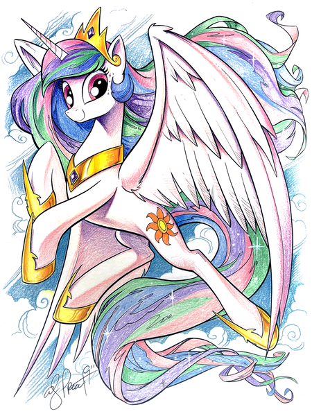 Size: 1800x2400 | Tagged: safe, artist:andypriceart, derpibooru import, edit, idw, princess celestia, alicorn, pony, spoiler:comic, collar, colored pencil drawing, crown, enhanced traditional art, female, hoof shoes, jewelry, looking at you, mare, necklace, regalia, smiling, solo, tiara, traditional art