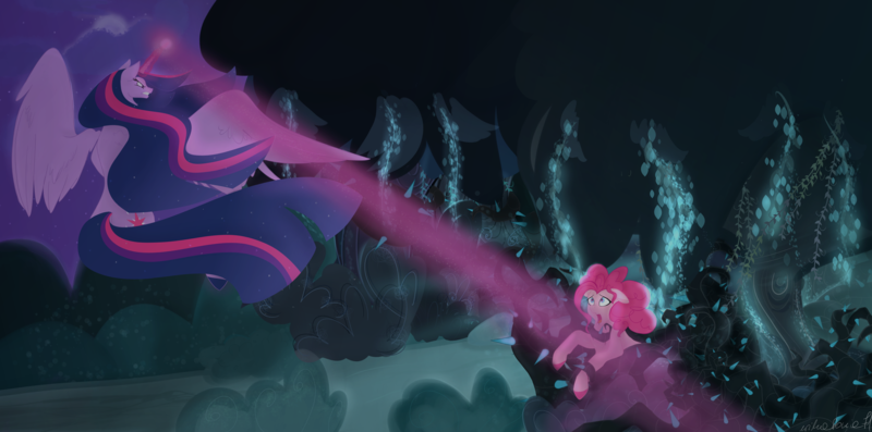 Size: 1600x793 | Tagged: semi-grimdark, artist:nyota71, derpibooru import, pinkie pie, princess twilight 2.0, twilight sparkle, twilight sparkle (alicorn), alicorn, earth pony, pony, the last problem, black vine, blast, blood, download at source, downloadable, duo, ethereal mane, everfree forest, female, floppy ears, flying, glowing horn, gritted teeth, horn, magic, magic beam, magic blast, mare, missing accessory, narrowed eyes, open mouth, spread wings, starry mane, trapped, wings