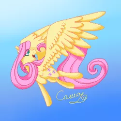 Size: 300x300 | Tagged: safe, artist:sugarponypie, derpibooru import, fluttershy, pegasus, pony, cutie mark, eye clipping through hair, female, flying, head turn, large wings, mare, open mouth, pixel art, raised hoof, smiling, solo, spread wings, wings