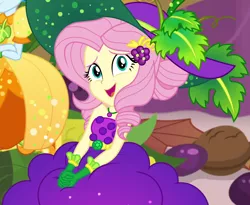 Size: 1320x1080 | Tagged: safe, derpibooru import, screencap, fluttershy, rainbow dash, equestria girls, equestria girls series, holidays unwrapped, spoiler:eqg series (season 2), bare shoulders, belt, clothes, cornucopia costumes, costume, cropped, cute, dress, female, food, geode of fauna, gloves, grapes, hairclip, hat, huggable, jewelry, leaf, looking at you, looking up, looking up at you, magical geodes, necklace, shyabetes, sitting, sleeveless, smiling