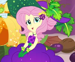 Size: 1320x1080 | Tagged: safe, derpibooru import, screencap, fluttershy, rainbow dash, equestria girls, equestria girls series, holidays unwrapped, spoiler:eqg series (season 2), bare shoulders, belt, clothes, cornucopia costumes, costume, cropped, cute, dress, female, food, geode of fauna, gloves, grapes, hairclip, hat, huggable, jewelry, leaf, looking at you, looking up, looking up at you, magical geodes, necklace, o come all ye squashful, shyabetes, sitting, sleeveless, smiling