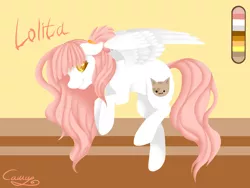 Size: 1600x1200 | Tagged: safe, artist:sugarponypie, derpibooru import, oc, oc:lolita, unofficial characters only, pegasus, pony, catface, cutie mark, female, flying, looking at you, mare, reference sheet, request, smiling, solo