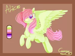 Size: 1600x1200 | Tagged: safe, artist:sugarponypie, derpibooru import, oc, oc:alice, unofficial characters only, pegasus, pony, abstract background, female, flying, hairpin, looking at you, mare, rainbow, reference sheet, request, solo, spread wings, wings