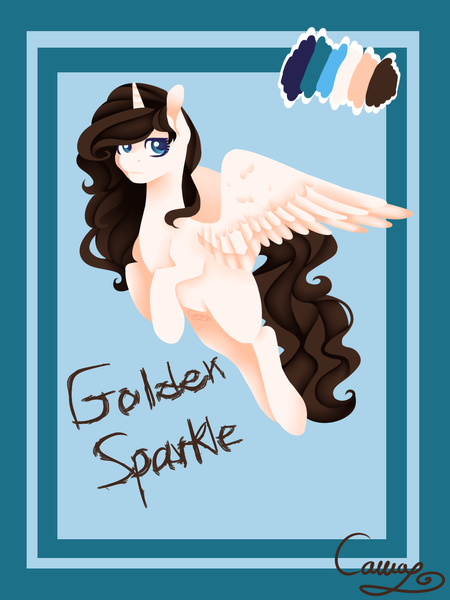 Size: 1200x1600 | Tagged: safe, artist:sugarponypie, derpibooru import, oc, oc:golden sparkle, unofficial characters only, alicorn, pony, abstract background, alicorn oc, blank flank, female, flying, horn, lidded eyes, looking at you, mare, reference sheet, request, solo, wings