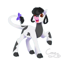 Size: 1200x1200 | Tagged: artist:sugarponypie, bow, commission, cow, cow pony, derpibooru import, female, looking at you, monkey swings, oc, oc:bluebell, open mouth, safe, simple background, solo, tail bow, transparent background, unofficial characters only